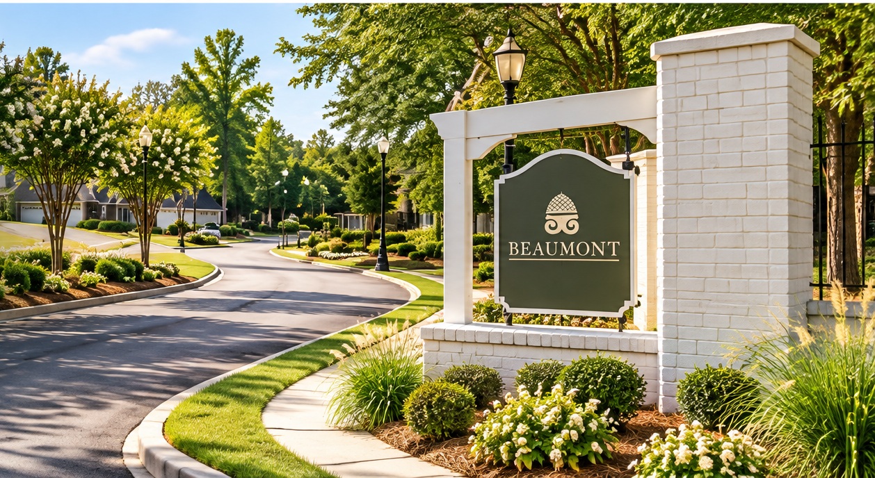 Beautiful landscaped Beaumont neighborhood entrance with white brick sign, flowering trees, and curving road